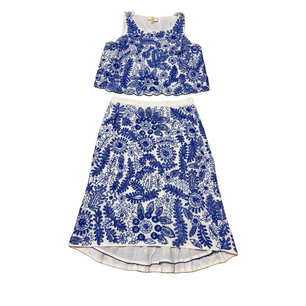 Moulinette Soeurs Anthropologie Top & Skirt Set Embellished Blue White Size 4